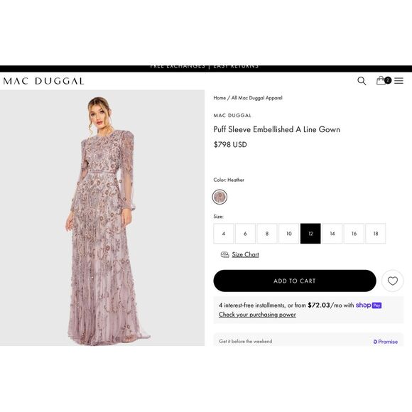 NEW MAC DUGGAL [‎ 12 ] 93930 Puff Sleeve Embellished A Line Gown Heather Purple - Picture 3 of 16